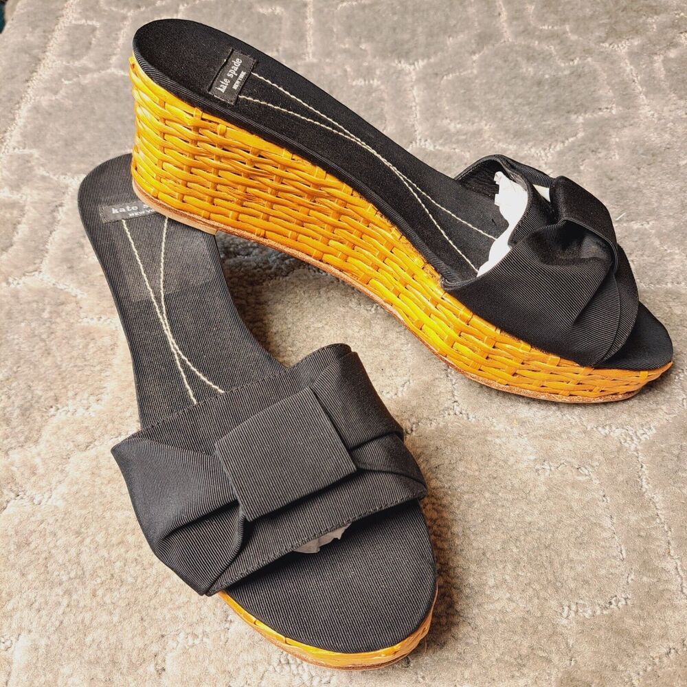 Kate Spade Platform Wedge Sandals WOMENS SIZE 10B Black Bow Basket Weave Formal - Picture 4 of 14